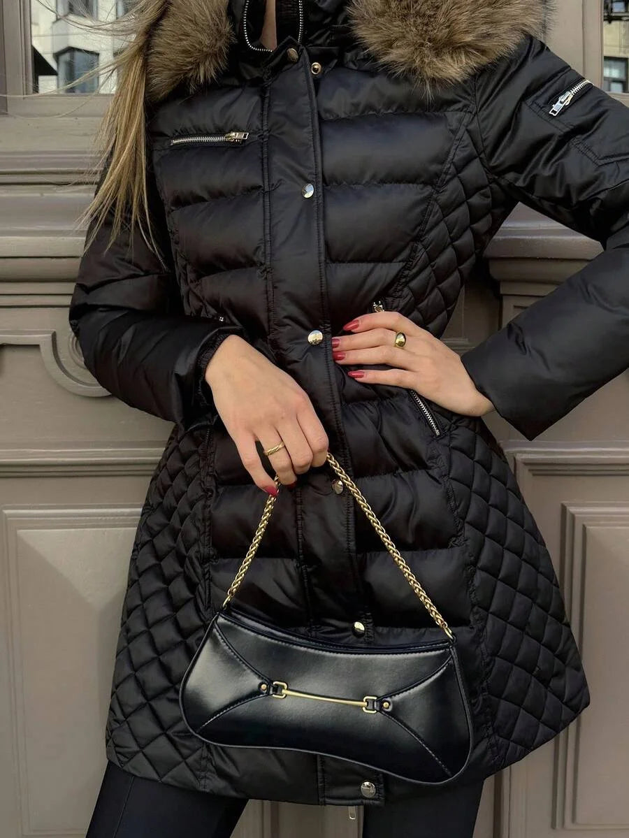 PREMIUM LONG COTTON PADDED COAT WITH FUR TRIM AUTUMNWINTER