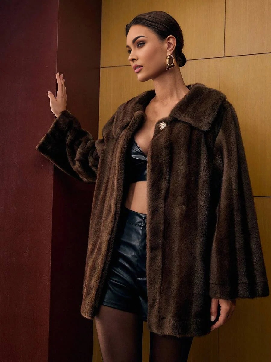 PREMIUM LONG SLEEVE BUTTON FAUX FUR COAT