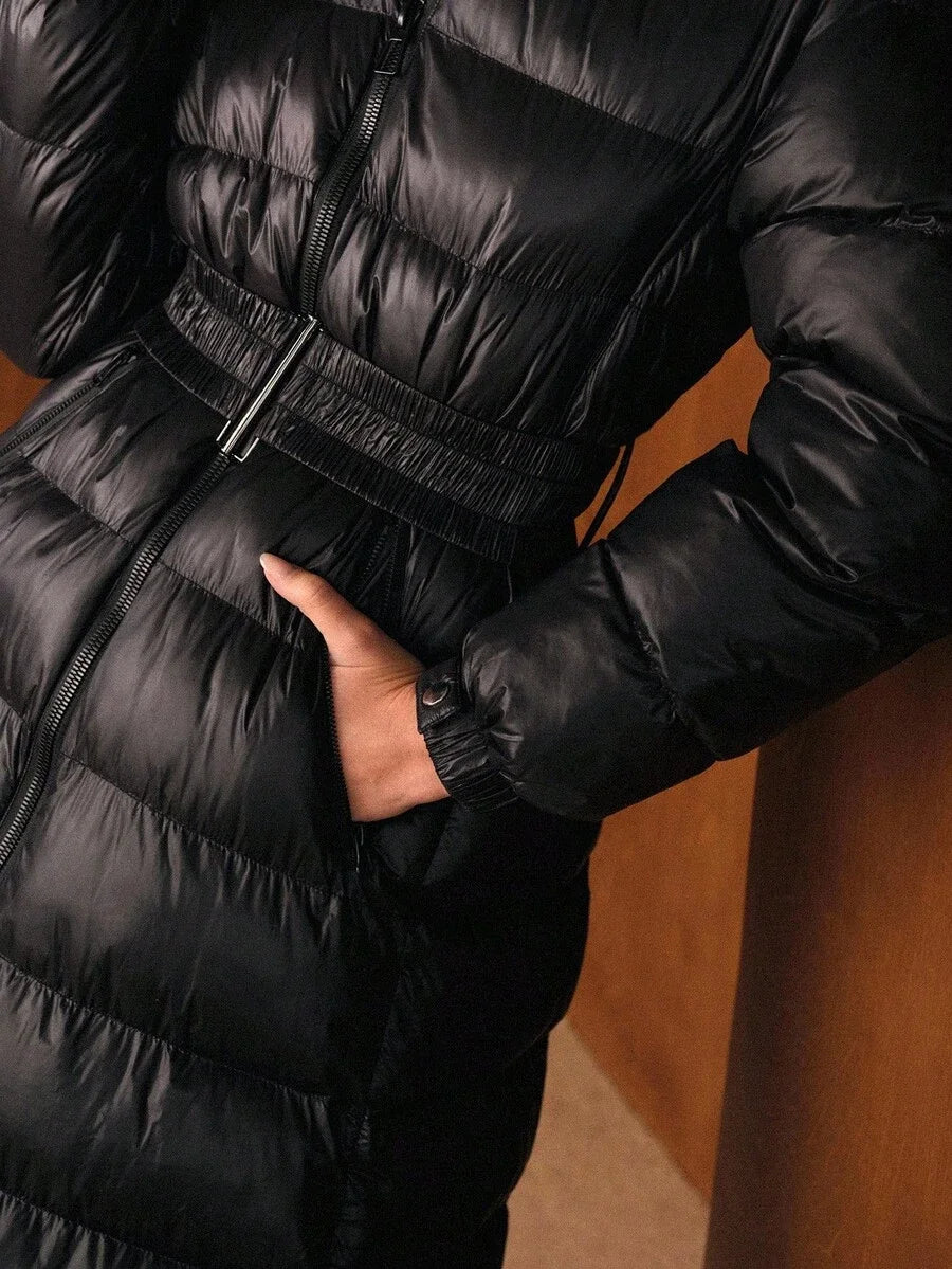 PREMIUM LONG SLEEVE WAIST CINCHED PADDED COAT ELEGANT FOR AUTUMNWINTER