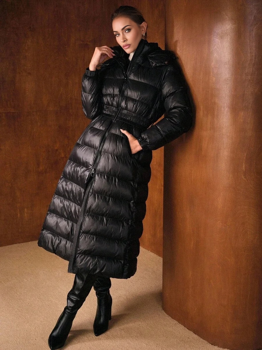 PREMIUM LONG SLEEVE WAIST CINCHED PADDED COAT ELEGANT FOR AUTUMNWINTER