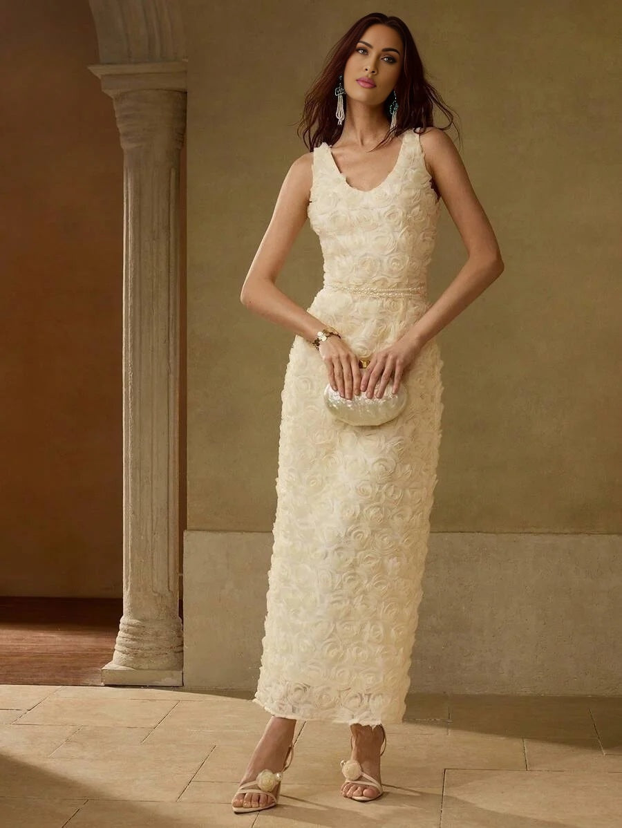 PREMIUM MESH 3D FLORAL ELEGANT SPLIT HEM COCKTAIL DRESS