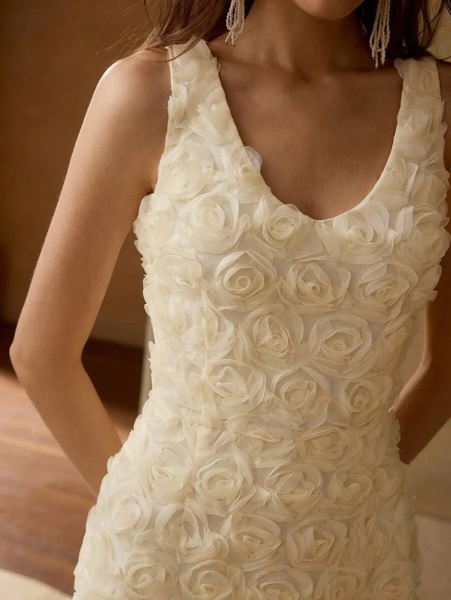 PREMIUM MESH 3D FLORAL ELEGANT SPLIT HEM COCKTAIL DRESS