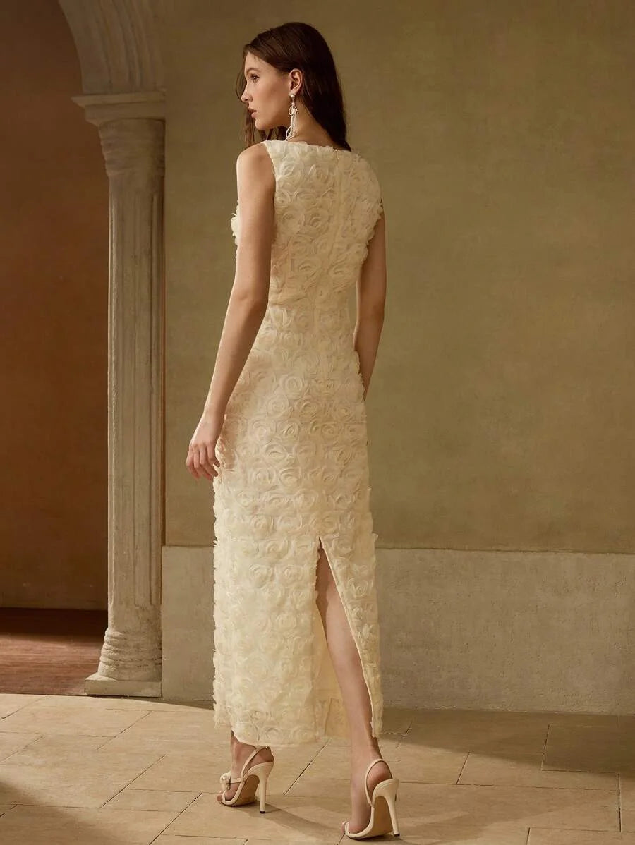 PREMIUM MESH 3D FLORAL ELEGANT SPLIT HEM COCKTAIL DRESS