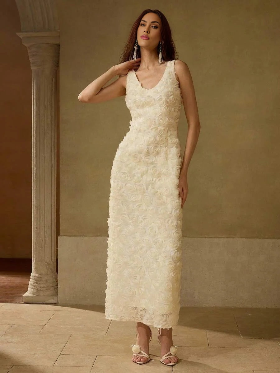 PREMIUM MESH 3D FLORAL ELEGANT SPLIT HEM COCKTAIL DRESS