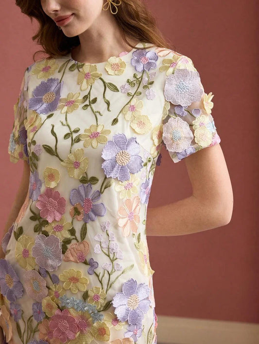 PREMIUM MESH EMBROIDERED FLORAL MINI DRESS