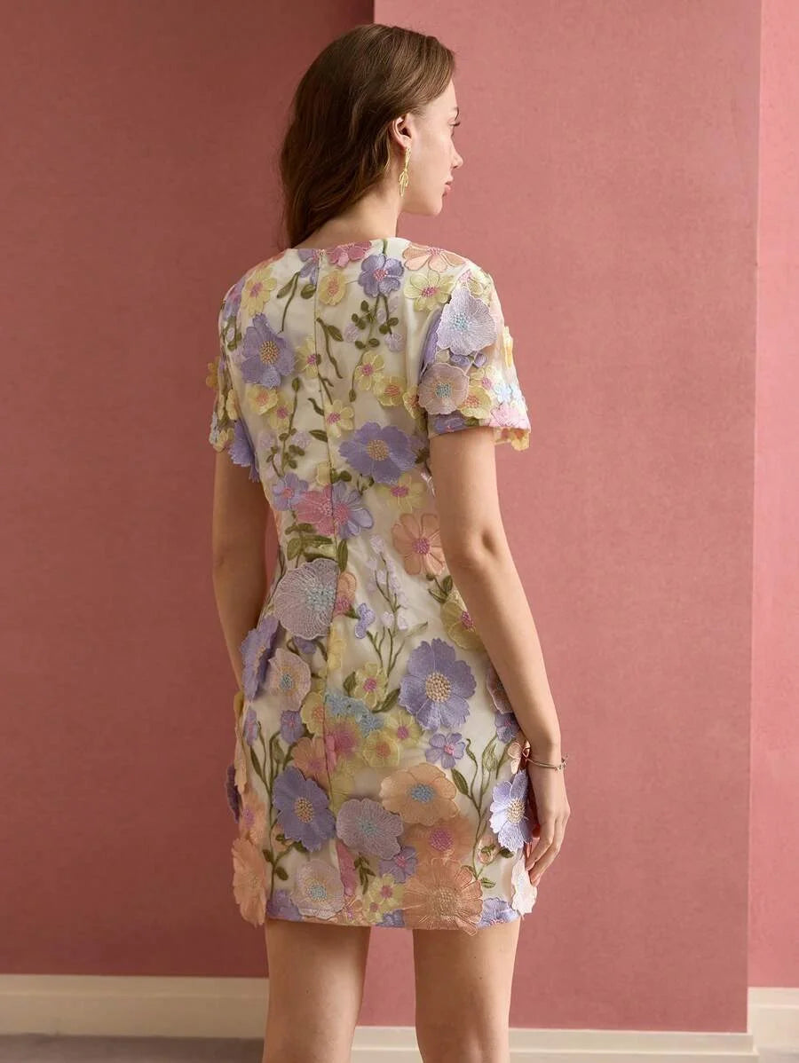 PREMIUM MESH EMBROIDERED FLORAL MINI DRESS