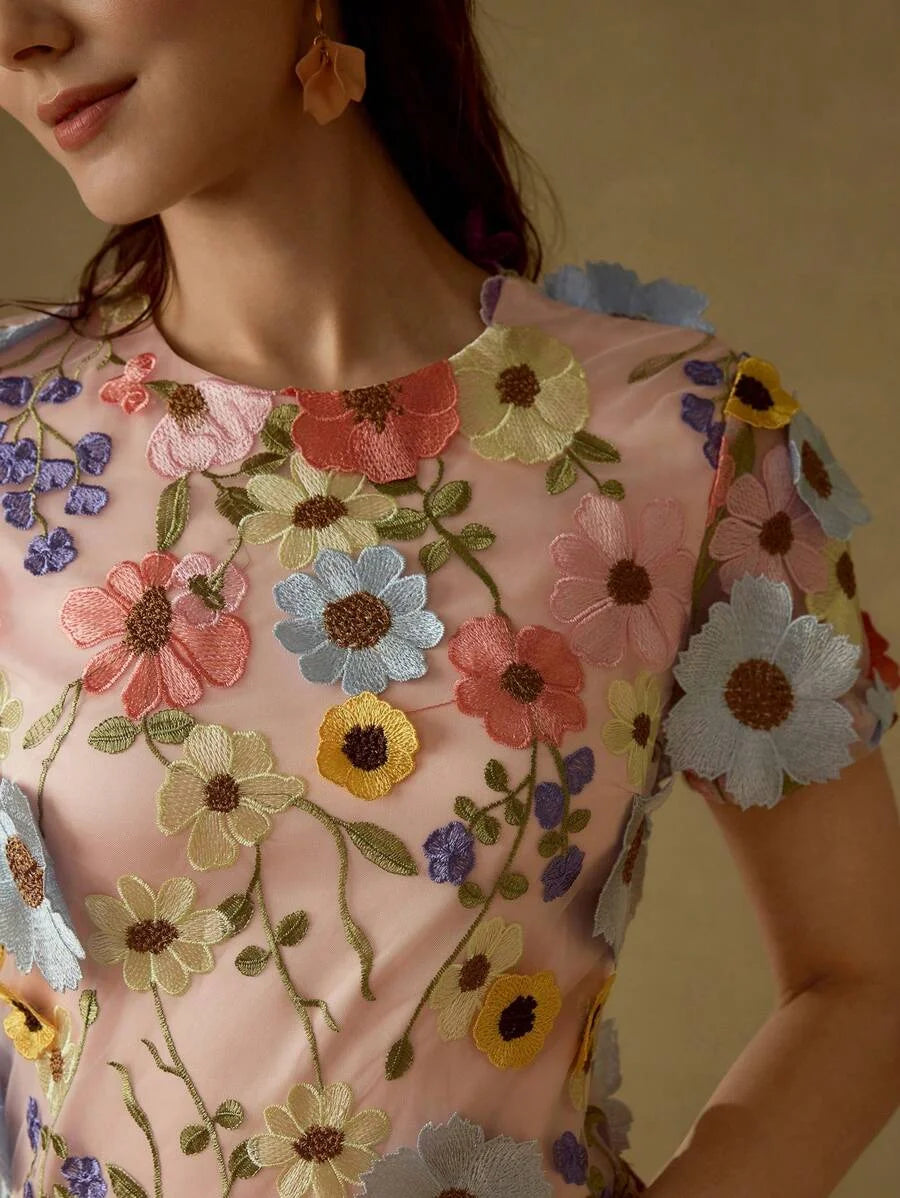 PREMIUM MESH EMBROIDERED FLORAL MINI DRESS