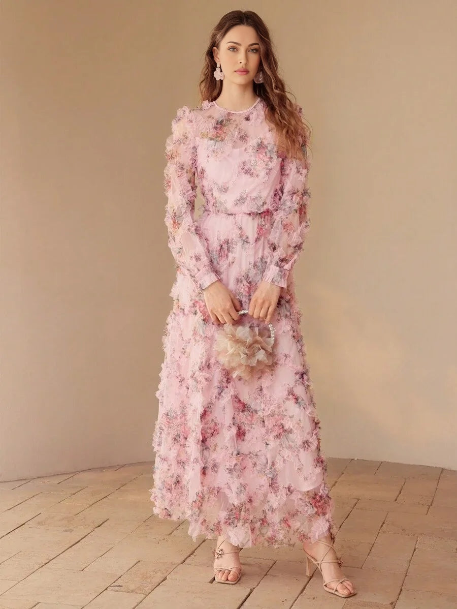 PREMIUM MESH FLORAL PRINT FLOWY DRESS