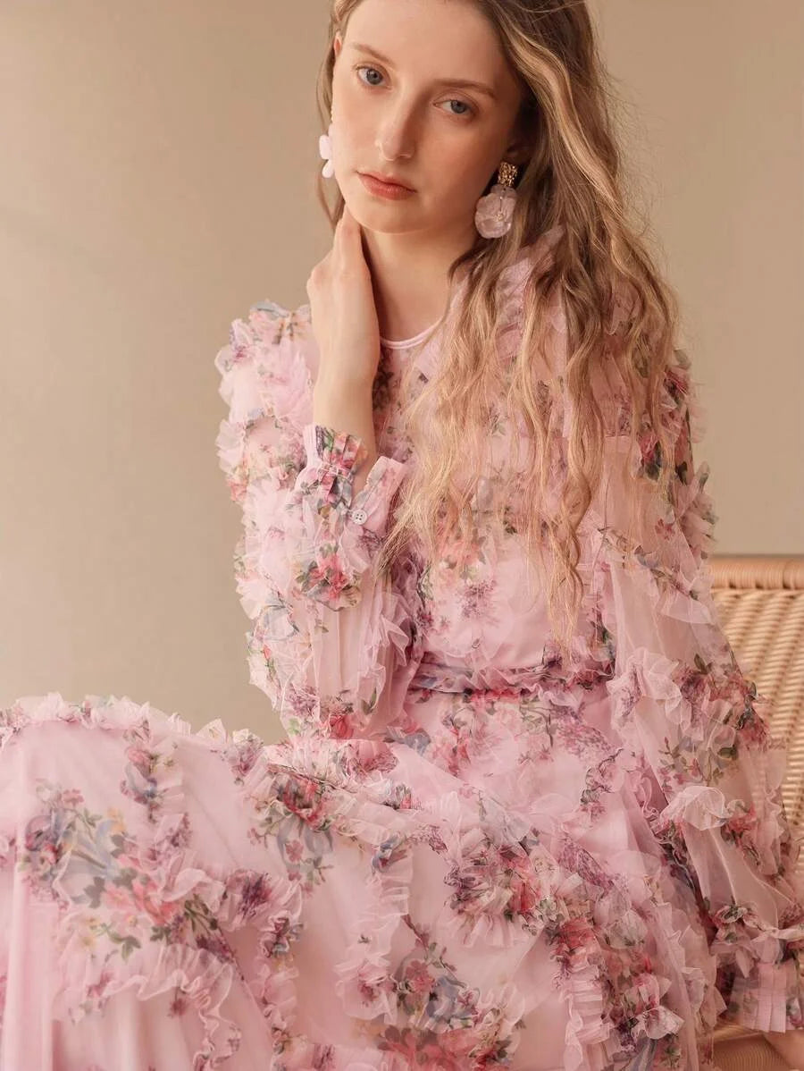 PREMIUM MESH FLORAL PRINT FLOWY DRESS