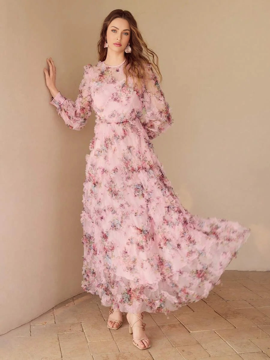 PREMIUM MESH FLORAL PRINT FLOWY DRESS