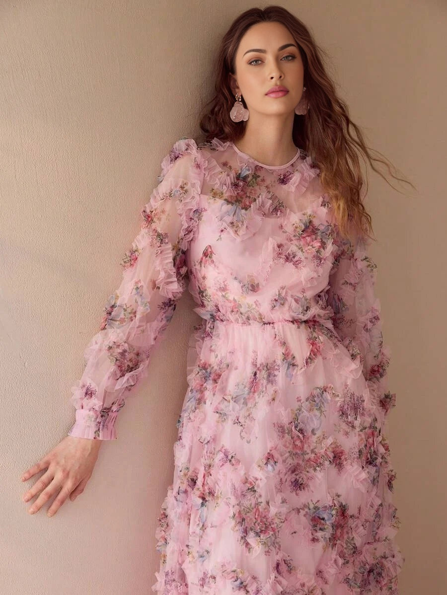 PREMIUM MESH FLORAL PRINT FLOWY DRESS