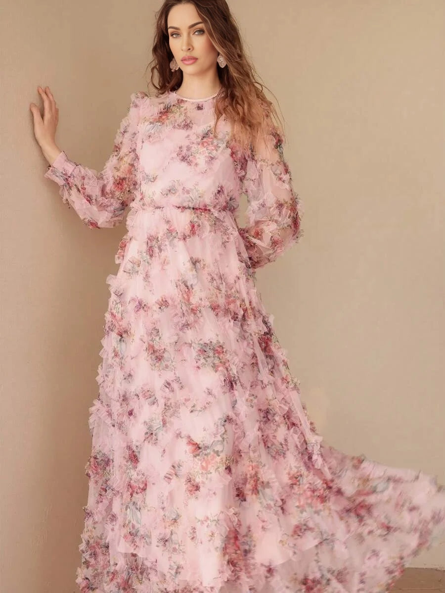 PREMIUM MESH FLORAL PRINT FLOWY DRESS