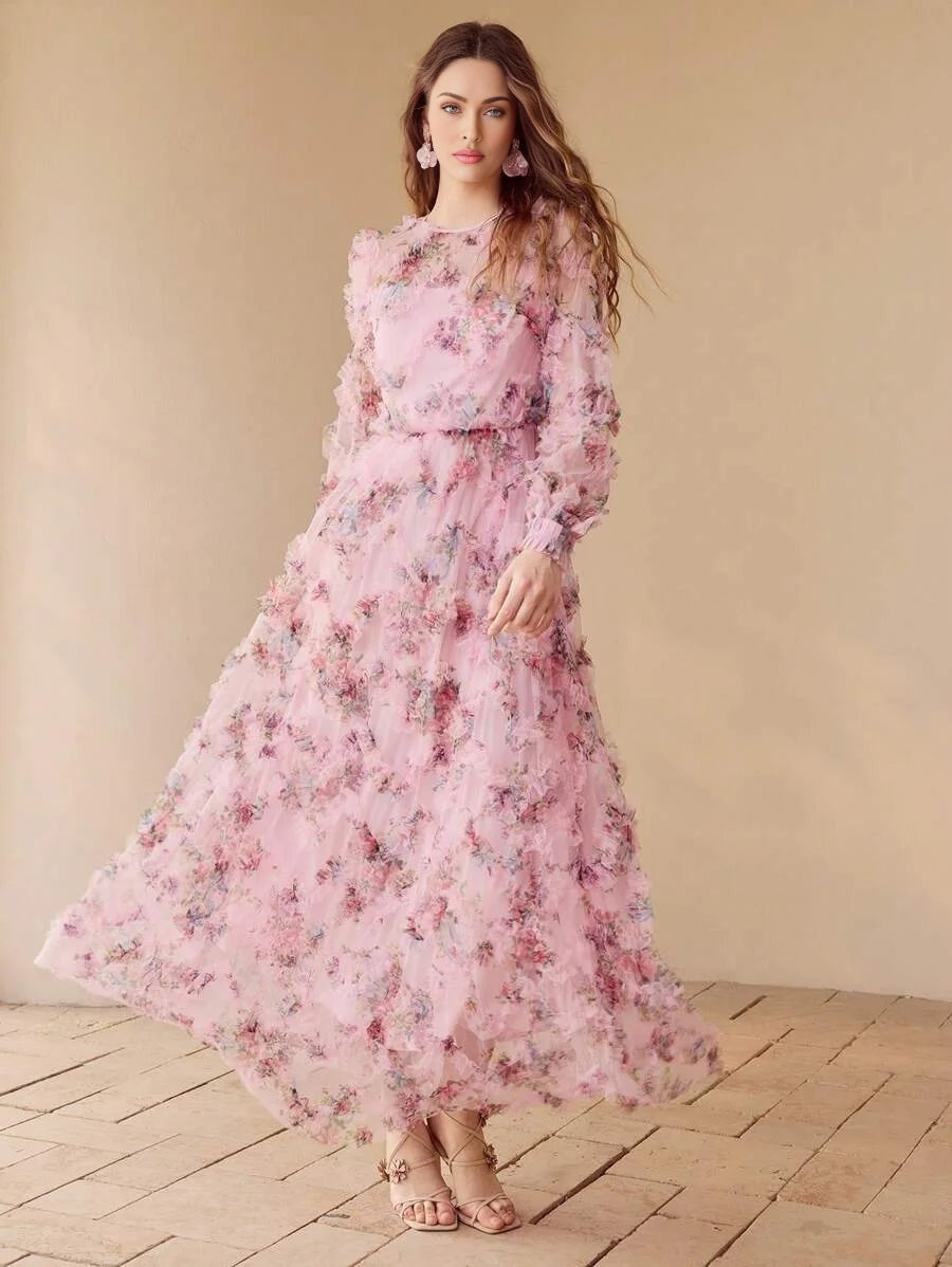 PREMIUM MESH FLORAL PRINT FLOWY DRESS