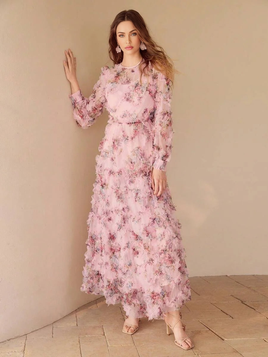 PREMIUM MESH FLORAL PRINT FLOWY DRESS