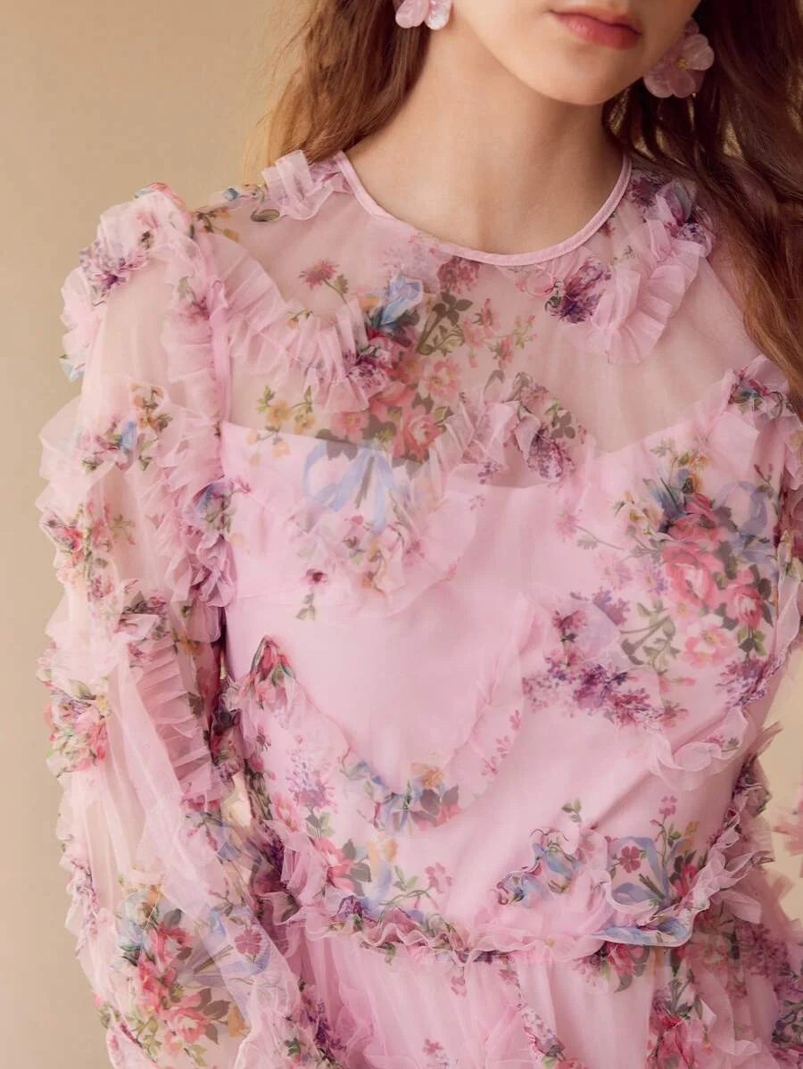 PREMIUM MESH FLORAL PRINT FLOWY DRESS