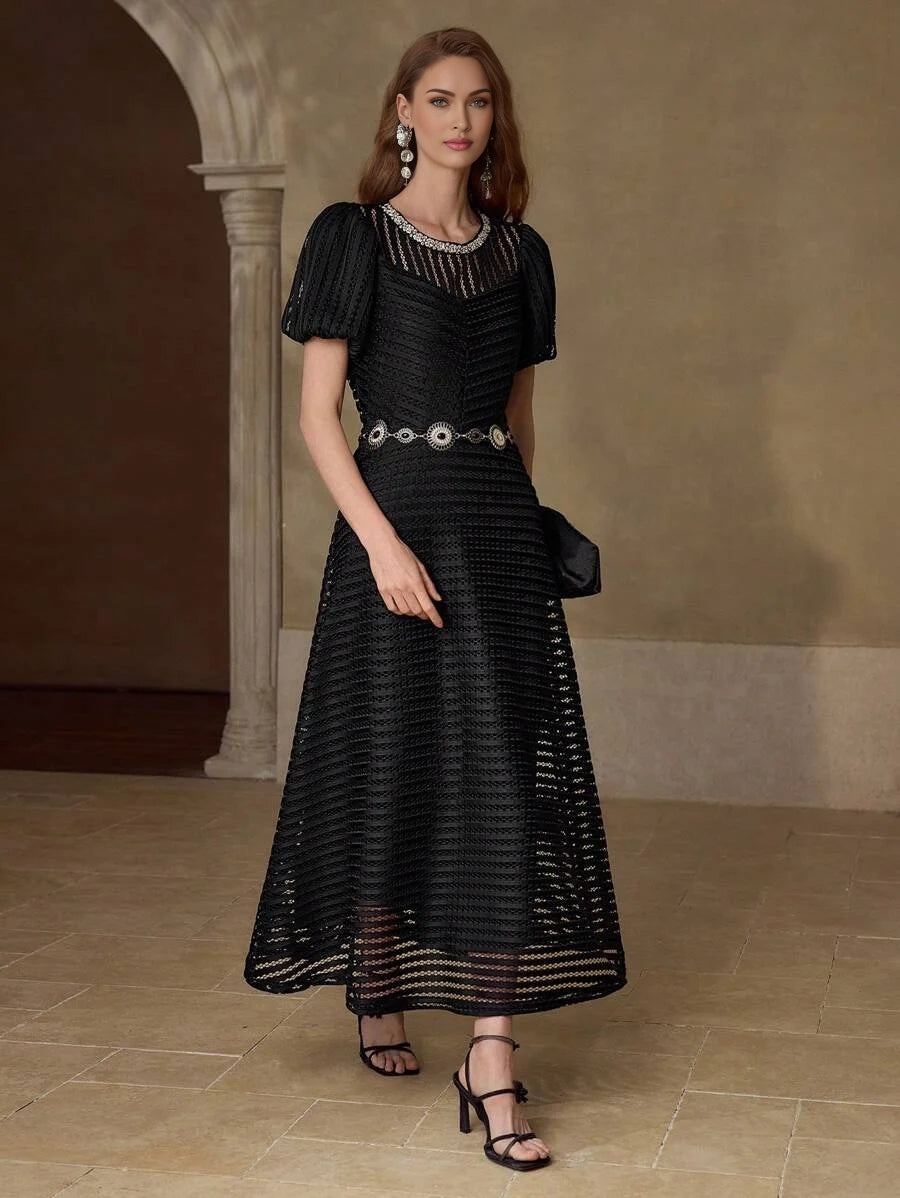 PREMIUM MESH HOLLOW STRIPED CINCHED WAIST ELEGANT DRESS