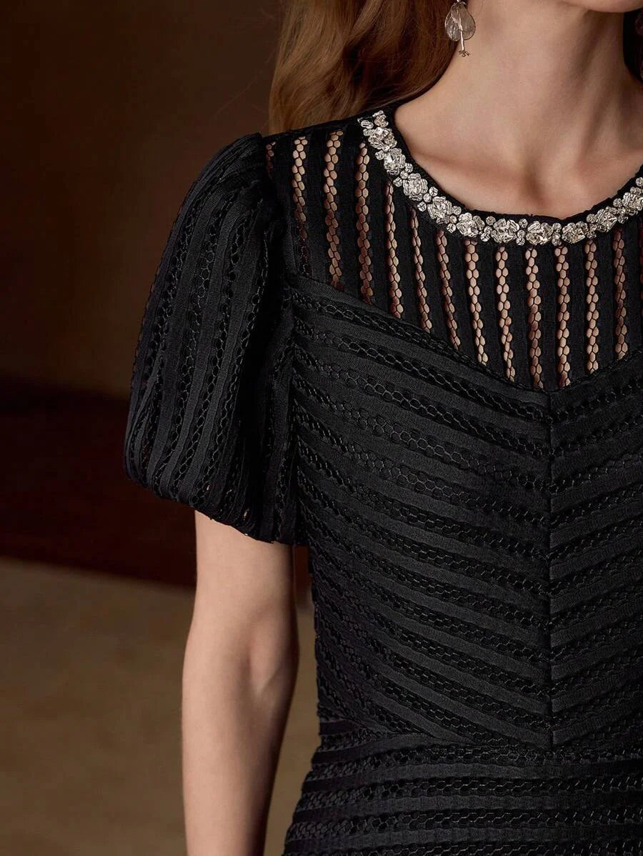 PREMIUM MESH HOLLOW STRIPED CINCHED WAIST ELEGANT DRESS