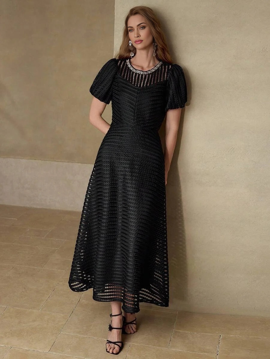 PREMIUM MESH HOLLOW STRIPED CINCHED WAIST ELEGANT DRESS