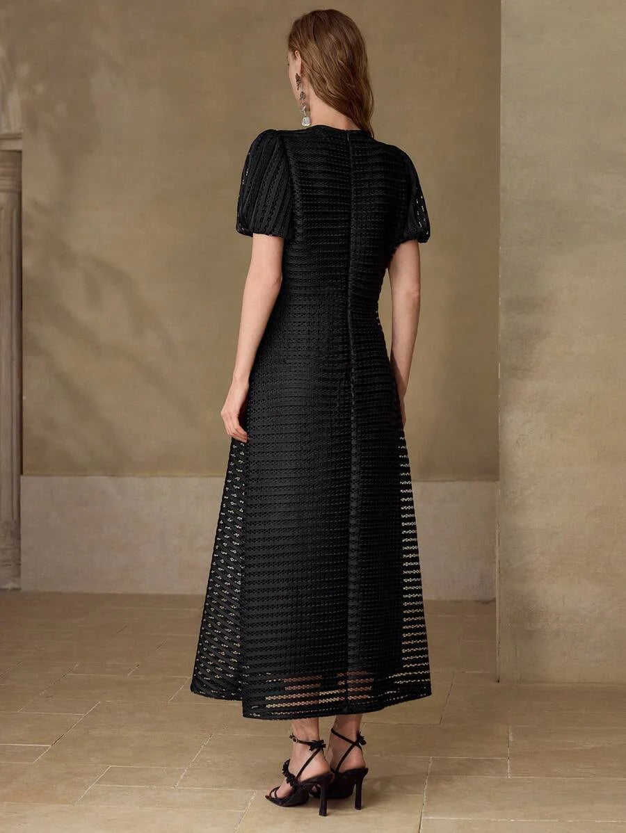 PREMIUM MESH HOLLOW STRIPED CINCHED WAIST ELEGANT DRESS