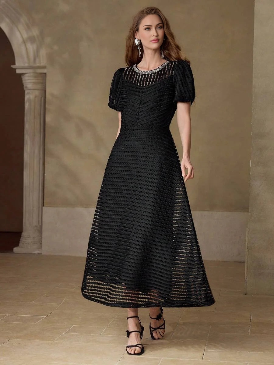 PREMIUM MESH HOLLOW STRIPED CINCHED WAIST ELEGANT DRESS