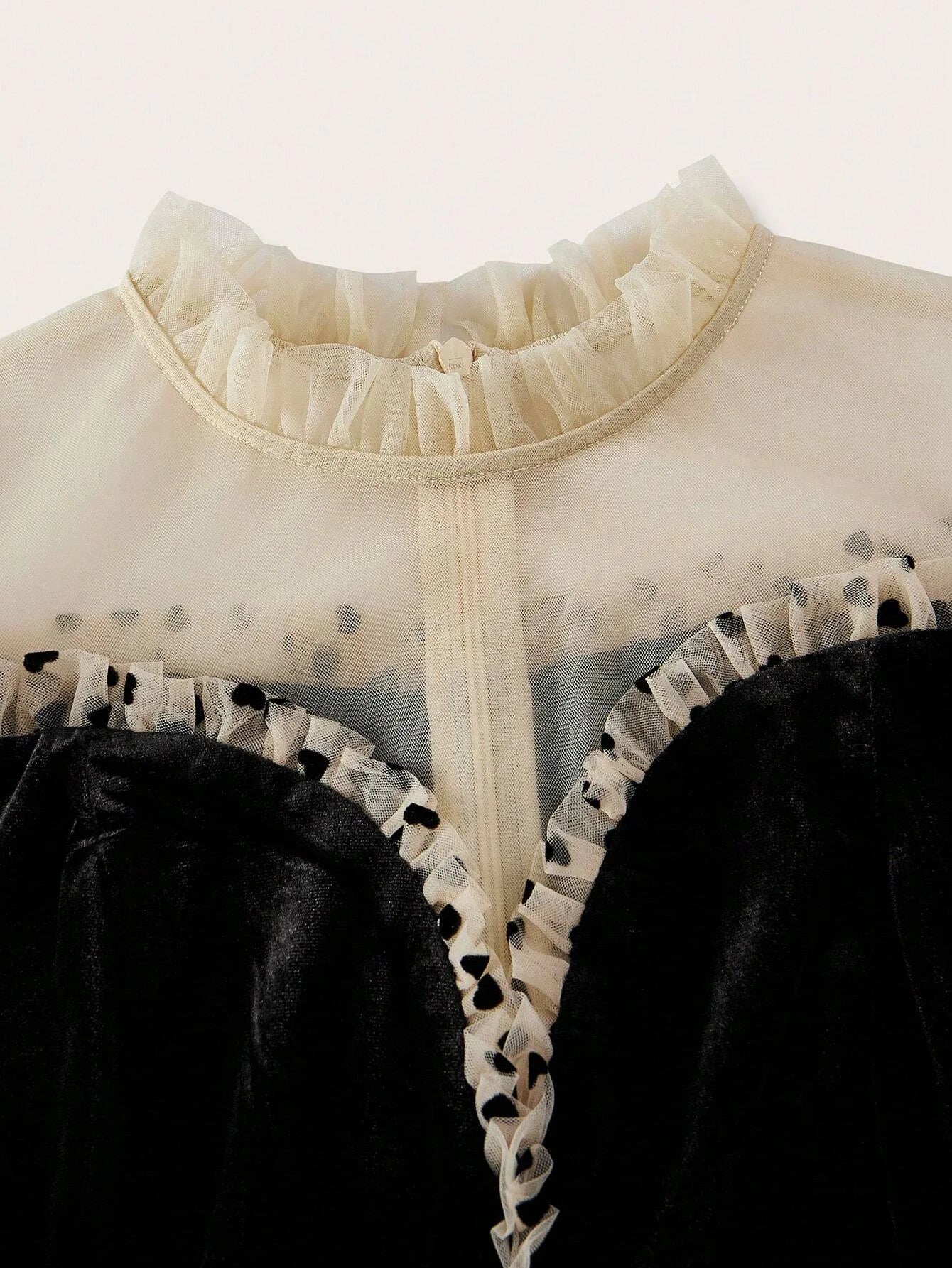 PREMIUM MESH PANEL HEART PRINT FRILL MOCK NECK BELTED LONG DRESS WOMEN OUTFIT