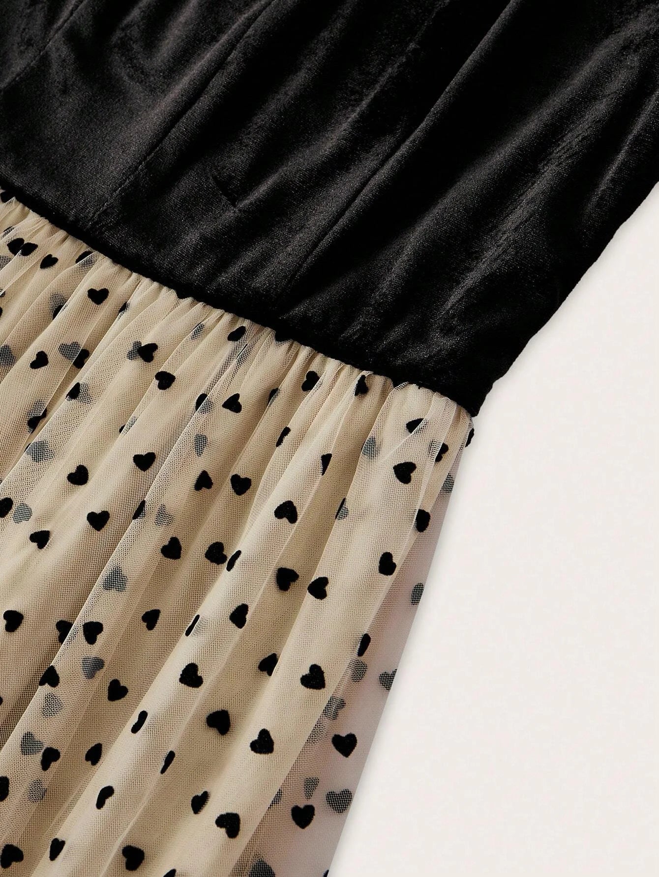 PREMIUM MESH PANEL HEART PRINT FRILL MOCK NECK BELTED LONG DRESS WOMEN OUTFIT