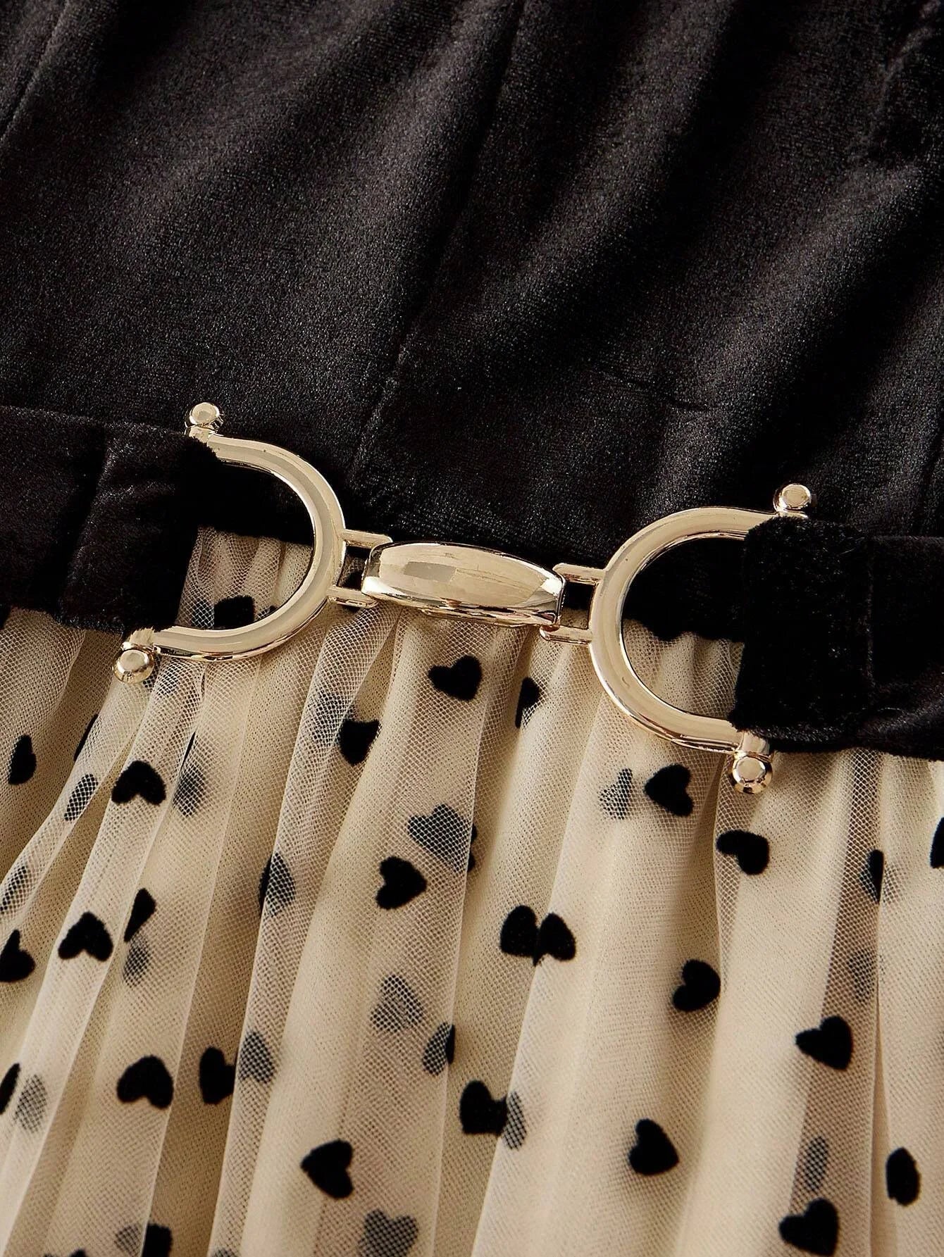 PREMIUM MESH PANEL HEART PRINT FRILL MOCK NECK BELTED LONG DRESS WOMEN OUTFIT