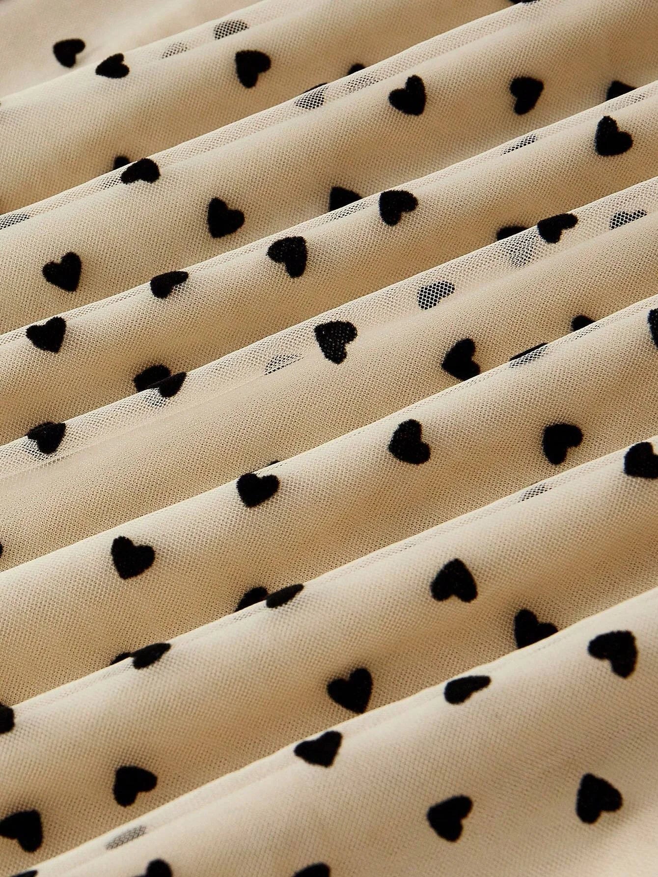 PREMIUM MESH PANEL HEART PRINT FRILL MOCK NECK BELTED LONG DRESS WOMEN OUTFIT