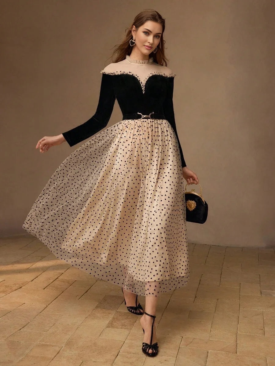 PREMIUM MESH PANEL HEART PRINT FRILL MOCK NECK BELTED LONG DRESS WOMEN OUTFIT