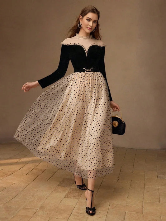 PREMIUM MESH PANEL HEART PRINT FRILL MOCK NECK BELTED LONG DRESS WOMEN OUTFIT