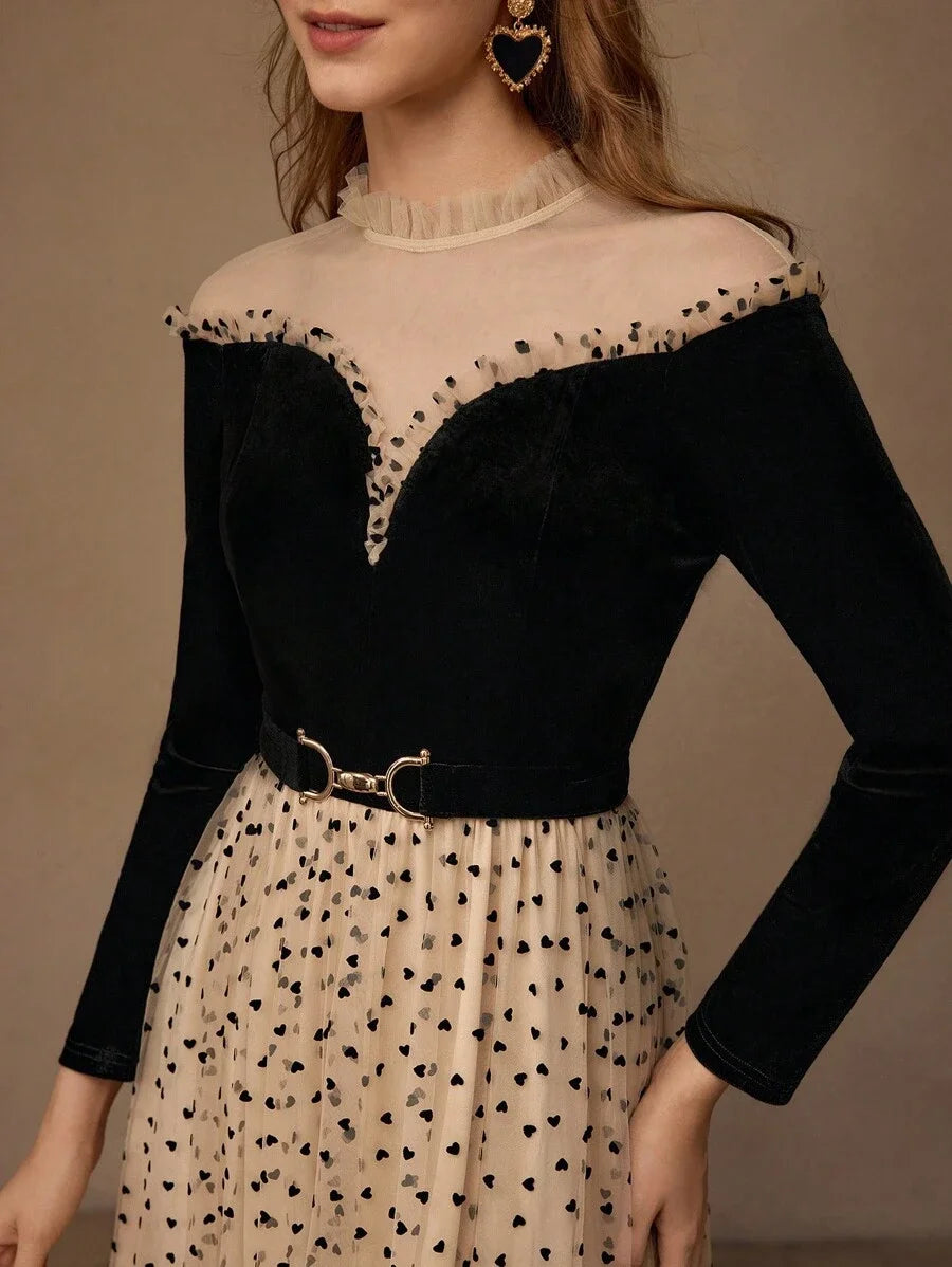 PREMIUM MESH PANEL HEART PRINT FRILL MOCK NECK BELTED LONG DRESS WOMEN OUTFIT