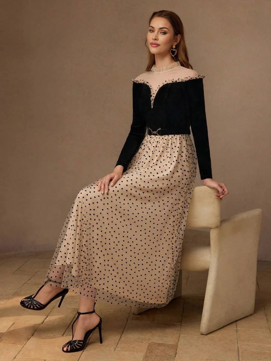 PREMIUM MESH PANEL HEART PRINT FRILL MOCK NECK BELTED LONG DRESS WOMEN OUTFIT