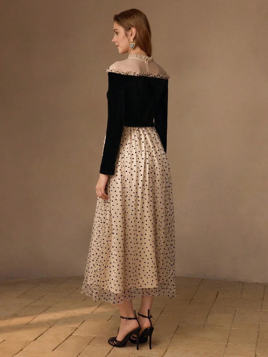 PREMIUM MESH PANEL HEART PRINT FRILL MOCK NECK BELTED LONG DRESS WOMEN OUTFIT