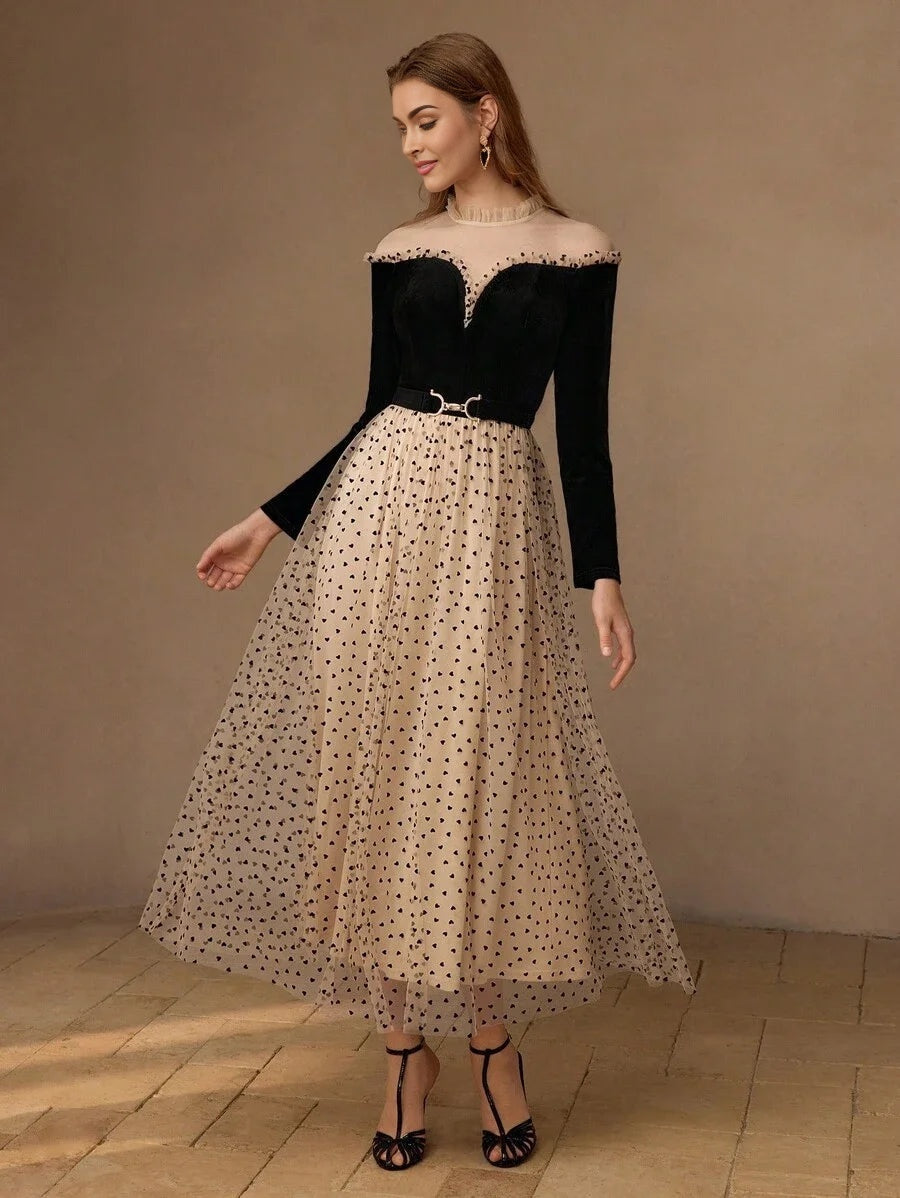 PREMIUM MESH PANEL HEART PRINT FRILL MOCK NECK BELTED LONG DRESS WOMEN OUTFIT