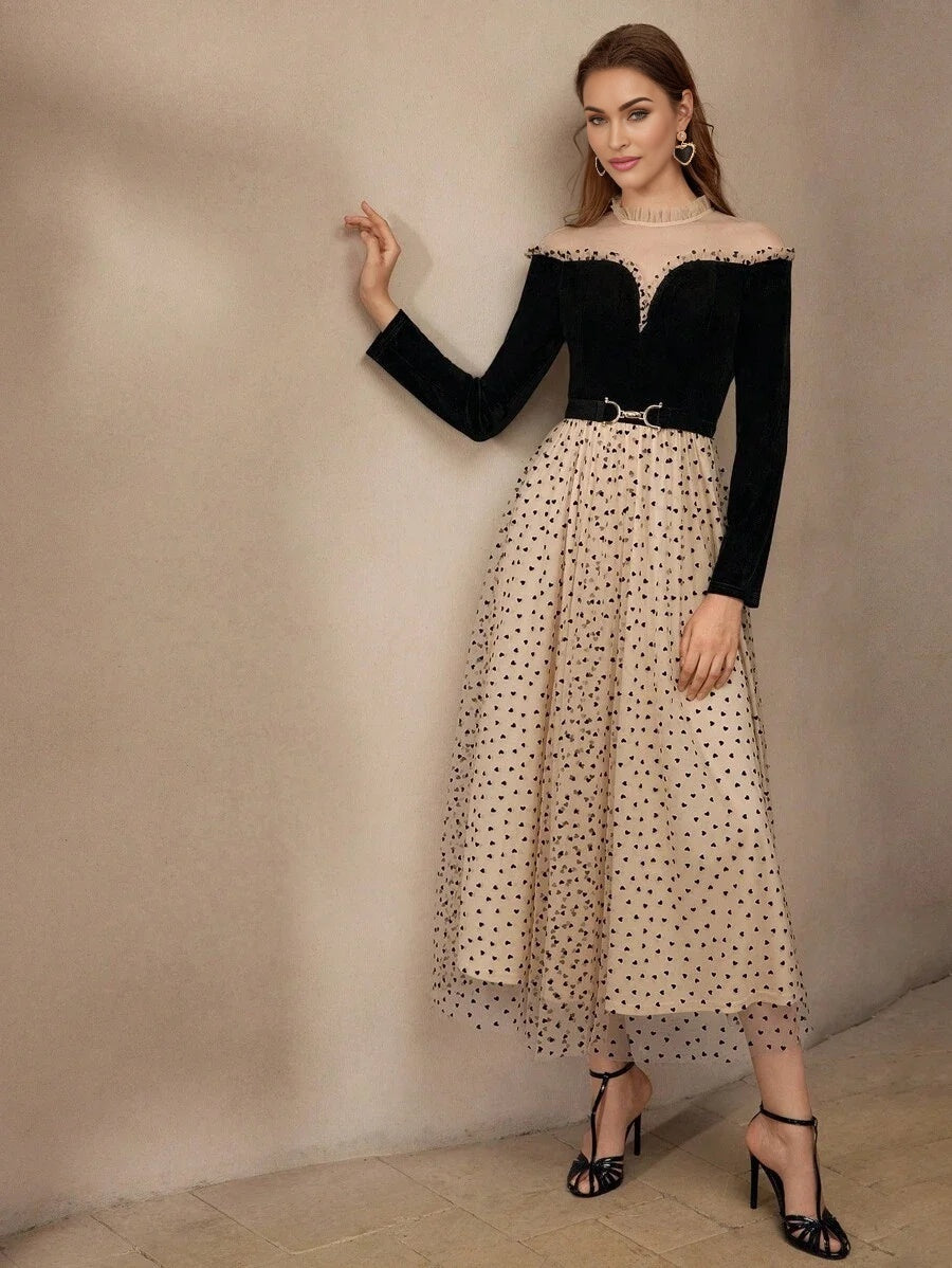 PREMIUM MESH PANEL HEART PRINT FRILL MOCK NECK BELTED LONG DRESS WOMEN OUTFIT