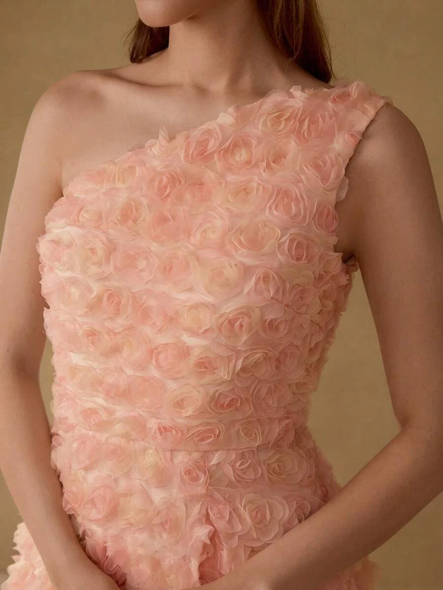 PREMIUM MESH STEREO FLORAL ASYMMETRICAL NECK DRESS