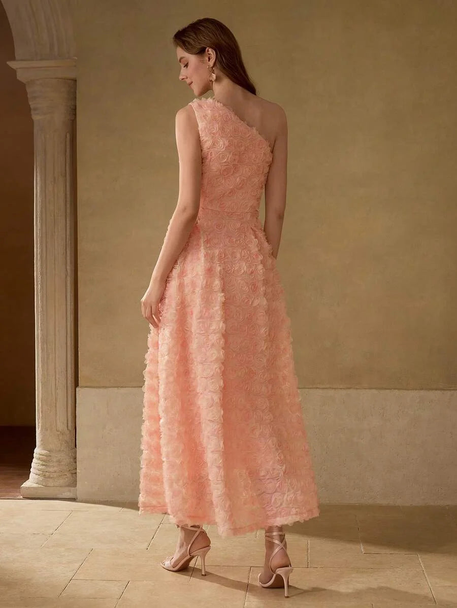 PREMIUM MESH STEREO FLORAL ASYMMETRICAL NECK DRESS