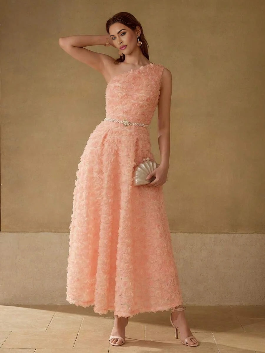 PREMIUM MESH STEREO FLORAL ASYMMETRICAL NECK DRESS