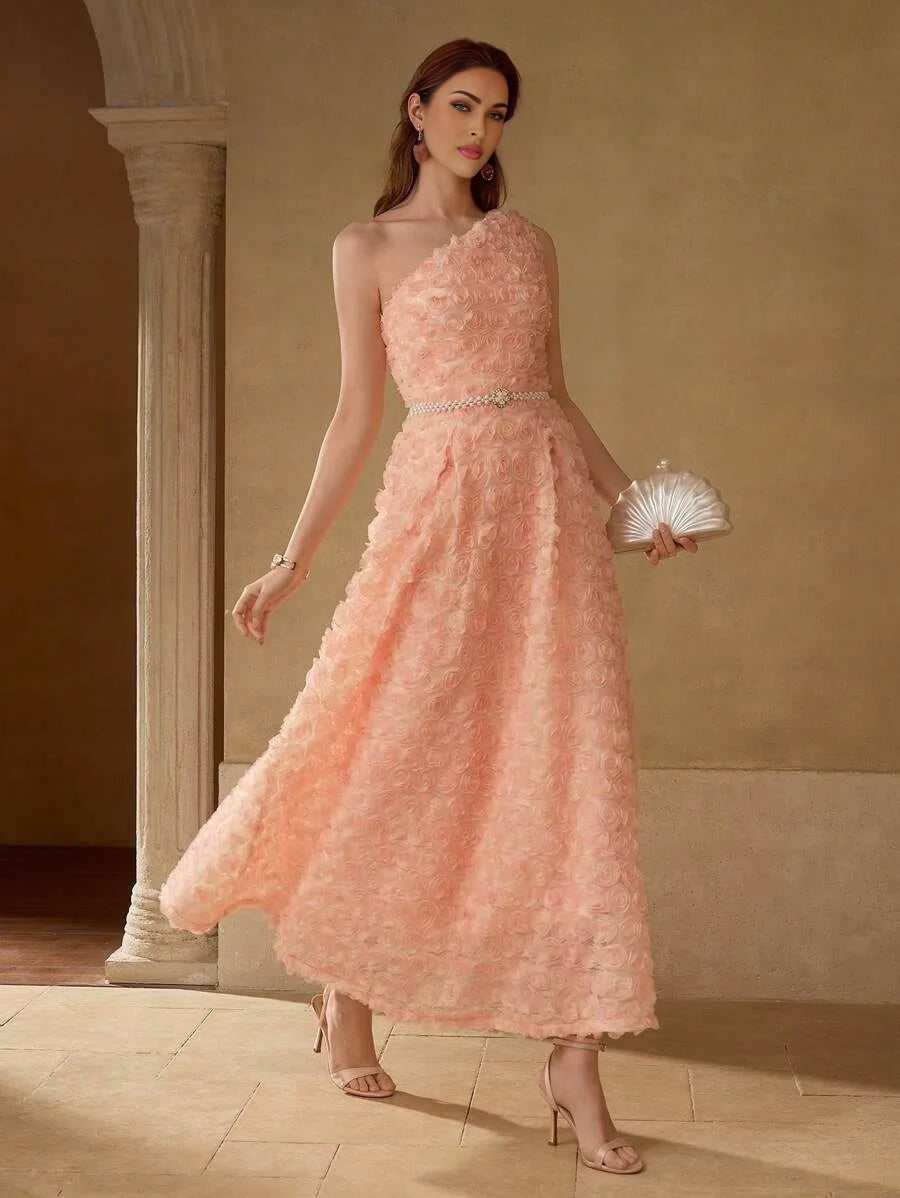 PREMIUM MESH STEREO FLORAL ASYMMETRICAL NECK DRESS