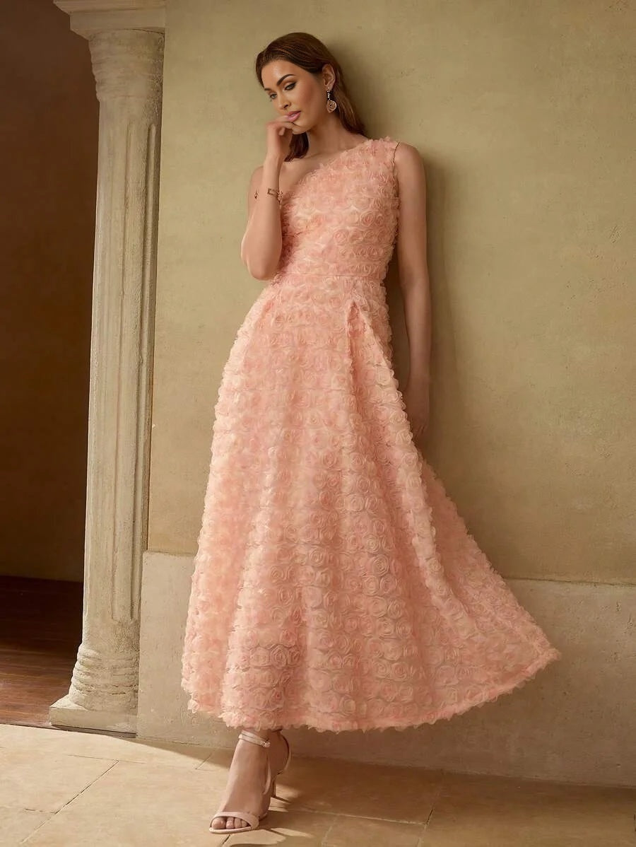 PREMIUM MESH STEREO FLORAL ASYMMETRICAL NECK DRESS