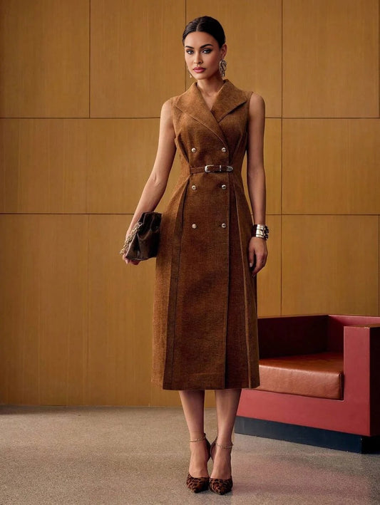 PREMIUM METAL BUCKLE TEXTURED FABRIC MIDLENGTH DRESS