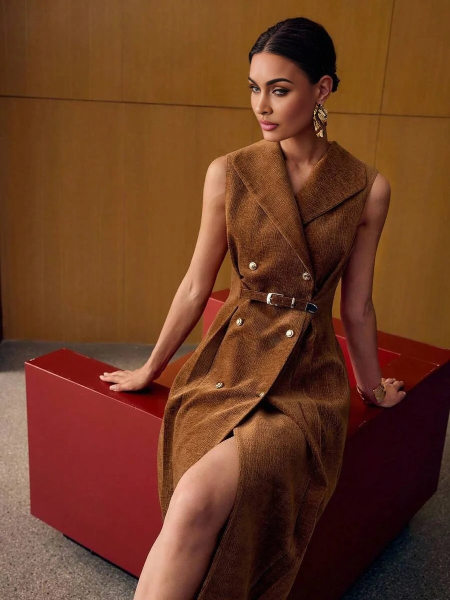 PREMIUM METAL BUCKLE TEXTURED FABRIC MIDLENGTH DRESS