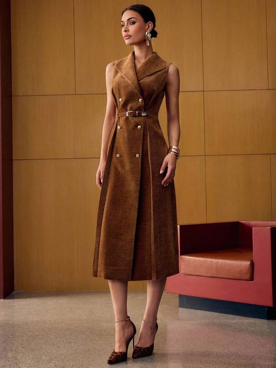 PREMIUM METAL BUCKLE TEXTURED FABRIC MIDLENGTH DRESS