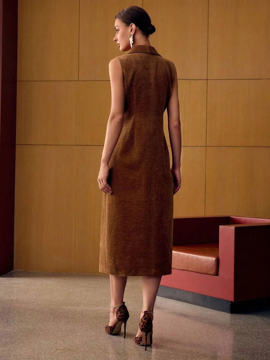 PREMIUM METAL BUCKLE TEXTURED FABRIC MIDLENGTH DRESS