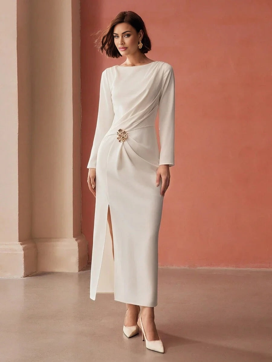 PREMIUM METAL DECOR THIGH SLIT DRESS