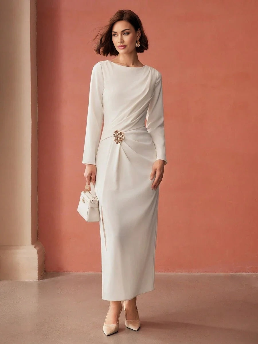 PREMIUM METAL DECOR THIGH SLIT DRESS