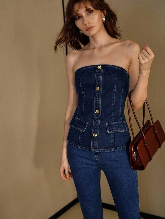 PREMIUM METAL FLAP DETAIL TUBE DENIM TOP
