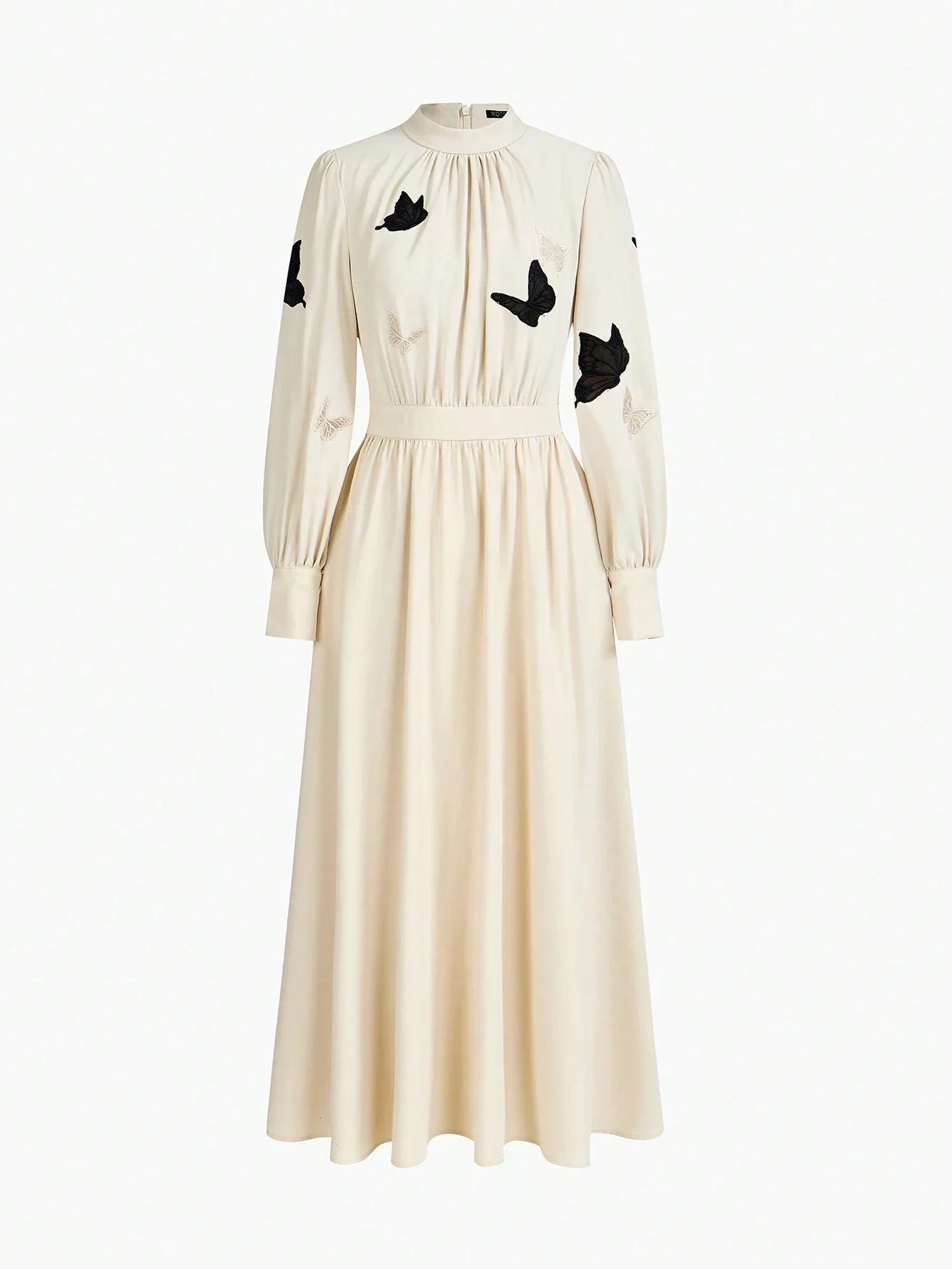 PREMIUM MOCK NECK EMBROIDERY BUTTERFLY PATTERN LONG DRESS