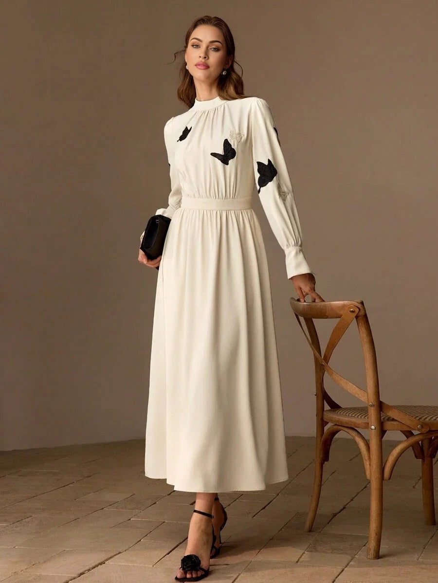 PREMIUM MOCK NECK EMBROIDERY BUTTERFLY PATTERN LONG DRESS