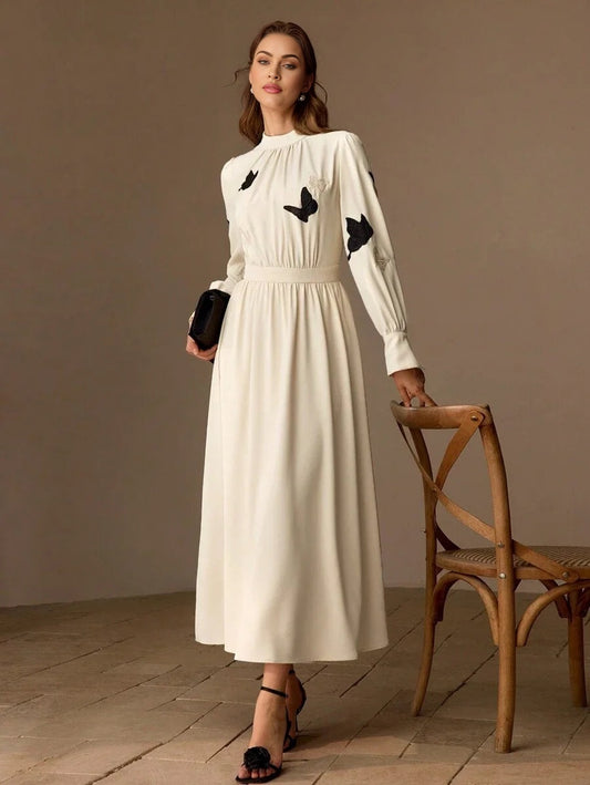 PREMIUM MOCK NECK EMBROIDERY BUTTERFLY PATTERN LONG DRESS